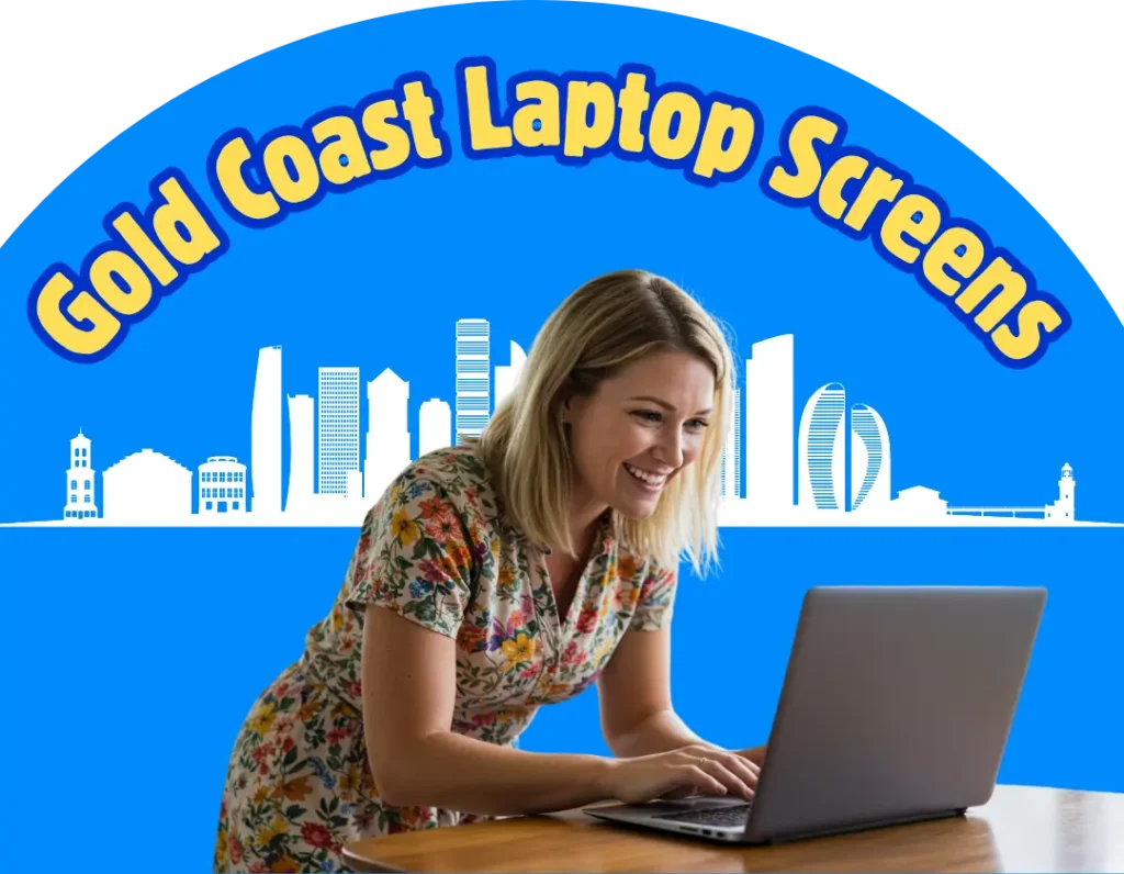A Lady Ordering Her Laptop Laptop Screen Repair, with a Gold Coast city line and text that reads: Gold Coast Laptop Screens